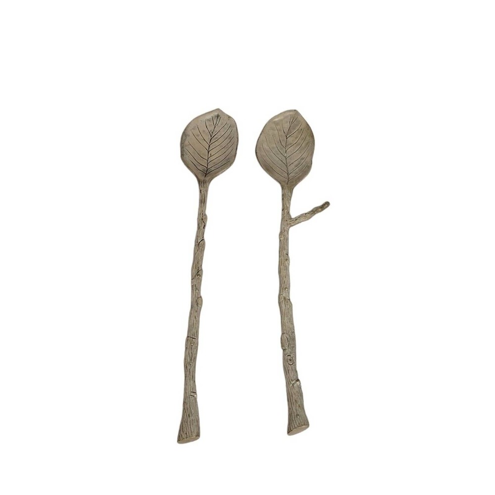 Artisan Silver Tone Metalwork Leaf Branch Long Handle Salad Serving Spoons